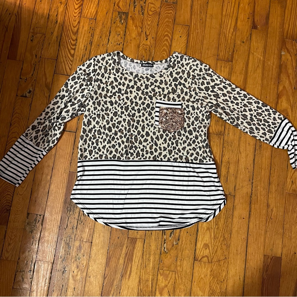 HEIMISH USA Animal Print and Stripe Blouse